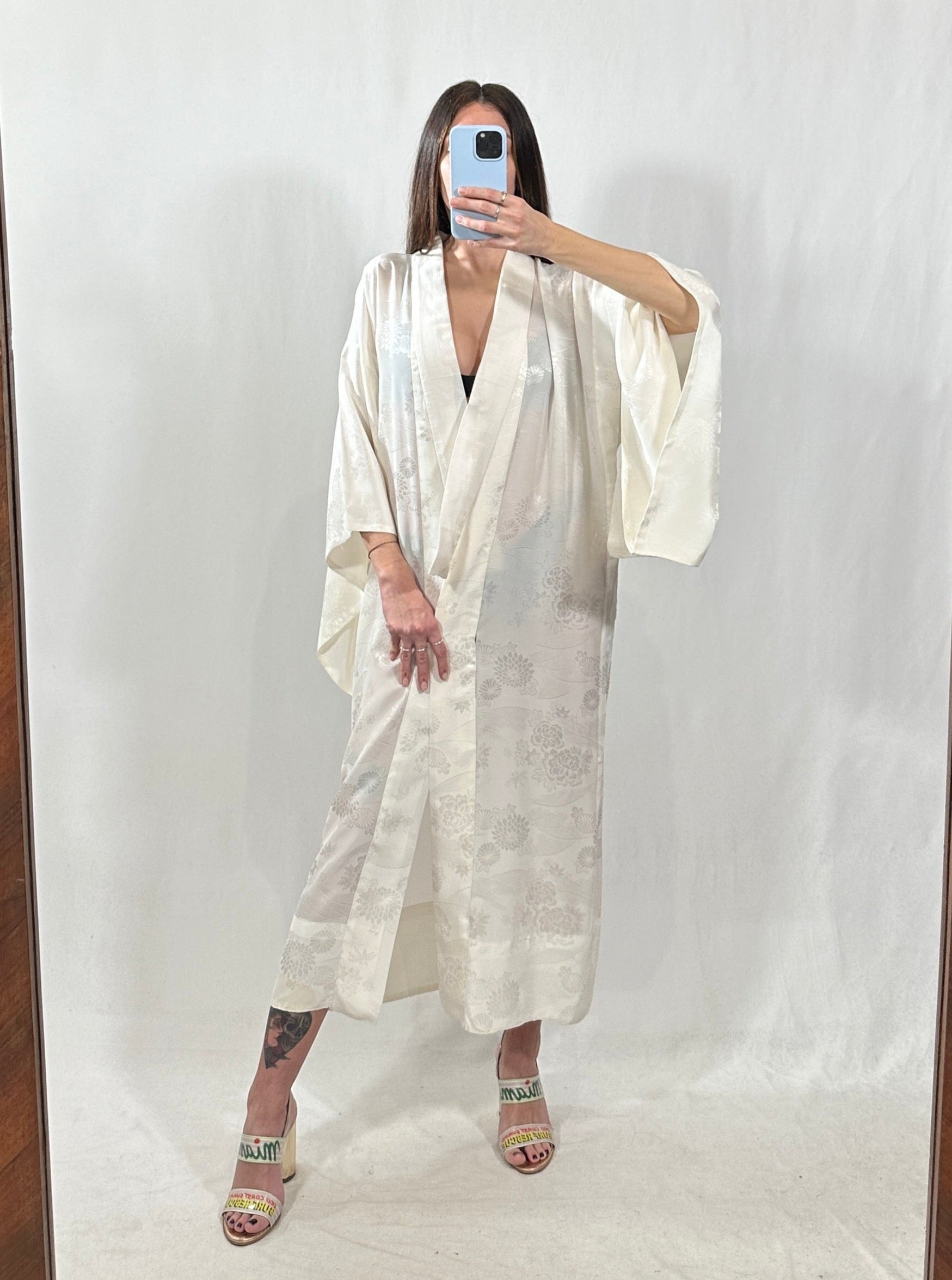 Kimono Bianco Lungo Kimono Orientale Vintage Bianco Tg L