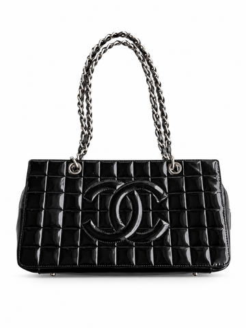 Borsa vintage Chanel CC Chocolate Bar lucida con dust bag e autenticità