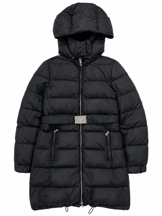 Piumino vintage Prada nero con cintura e cappuccio tg 42