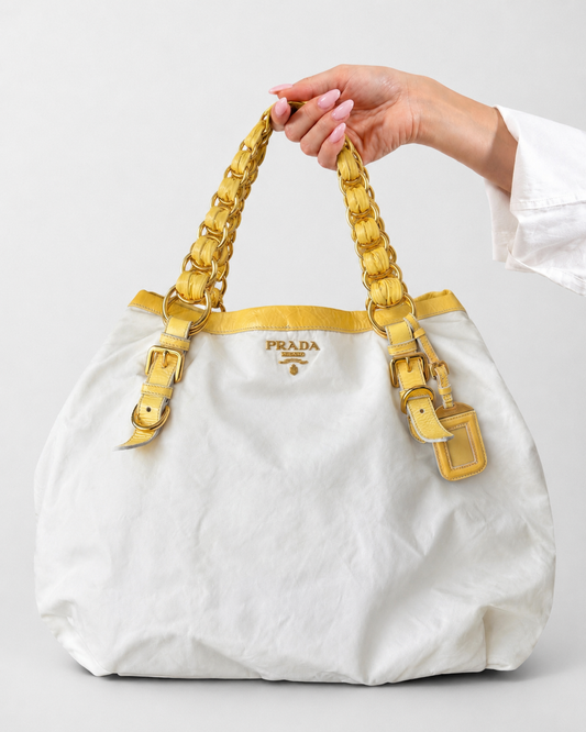 Borsa vintage Prada pelle e tela a mano