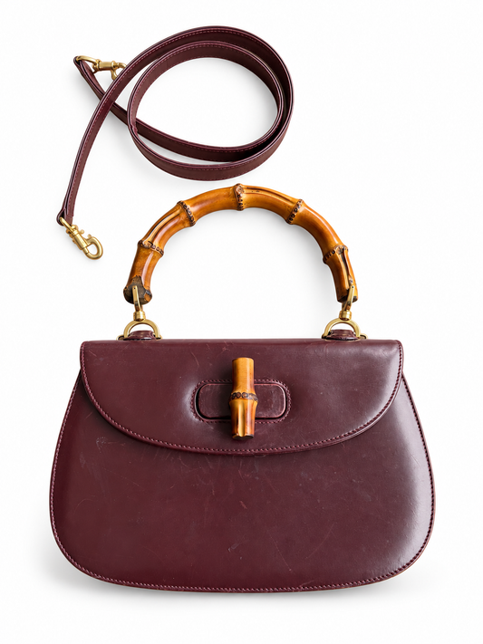 Borsa vintage Gucci Bamboo in pelle bordeaux