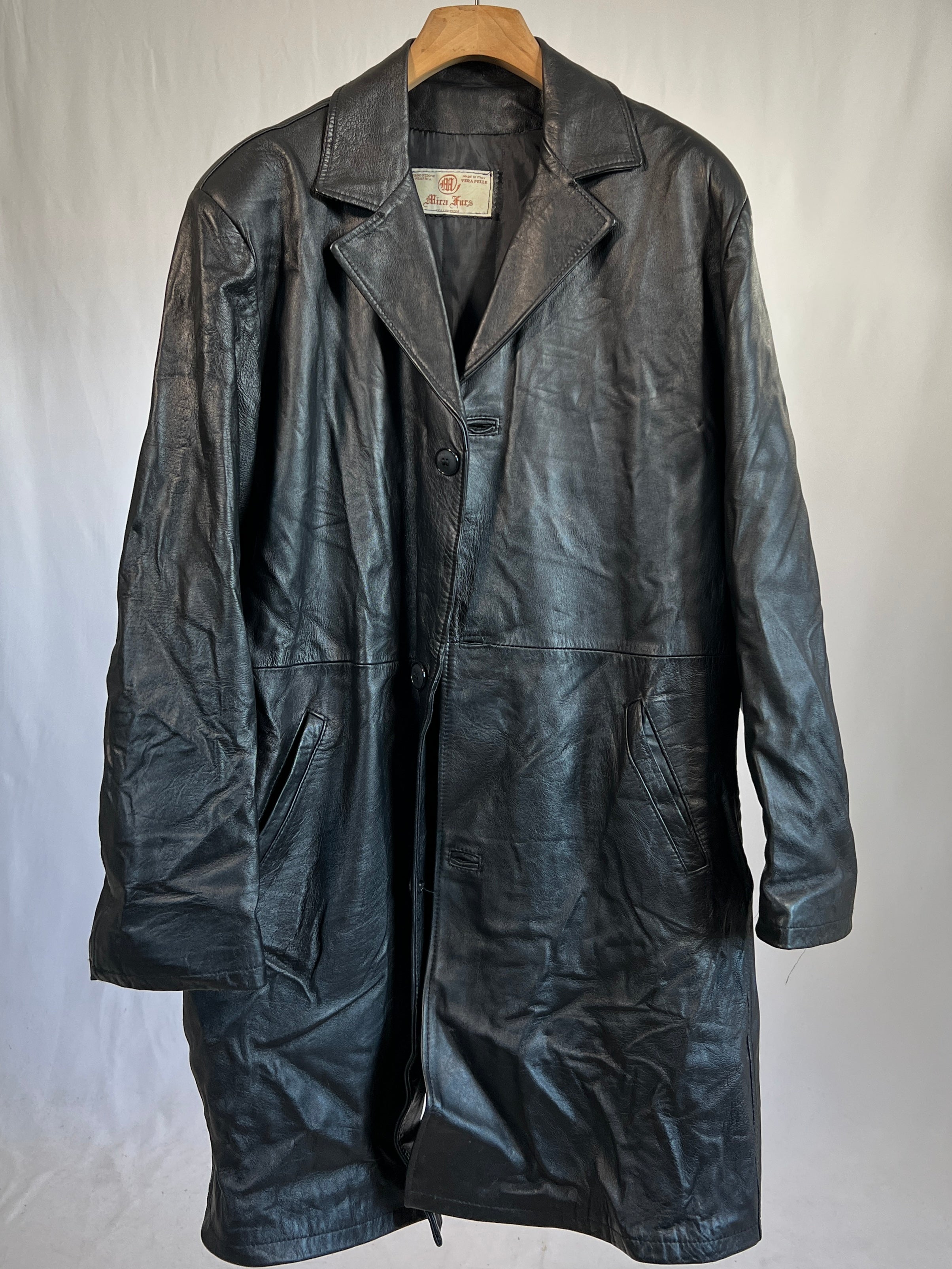 Giacca vintage in pelle lunga nero tg XL