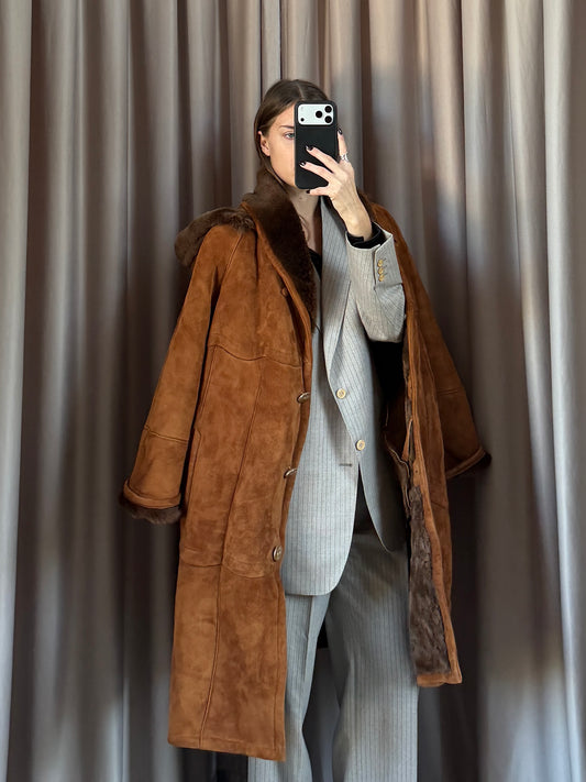 Montone vintage Shearling whisky cappuccio tg 42