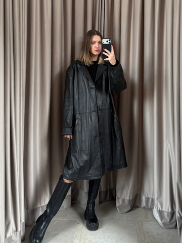 Giacca vintage in pelle lunga nero tg XL