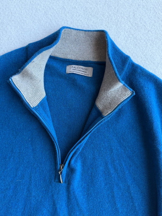 Maglia vintage Falconeri cashmere blu 1/4 zip tg XL+