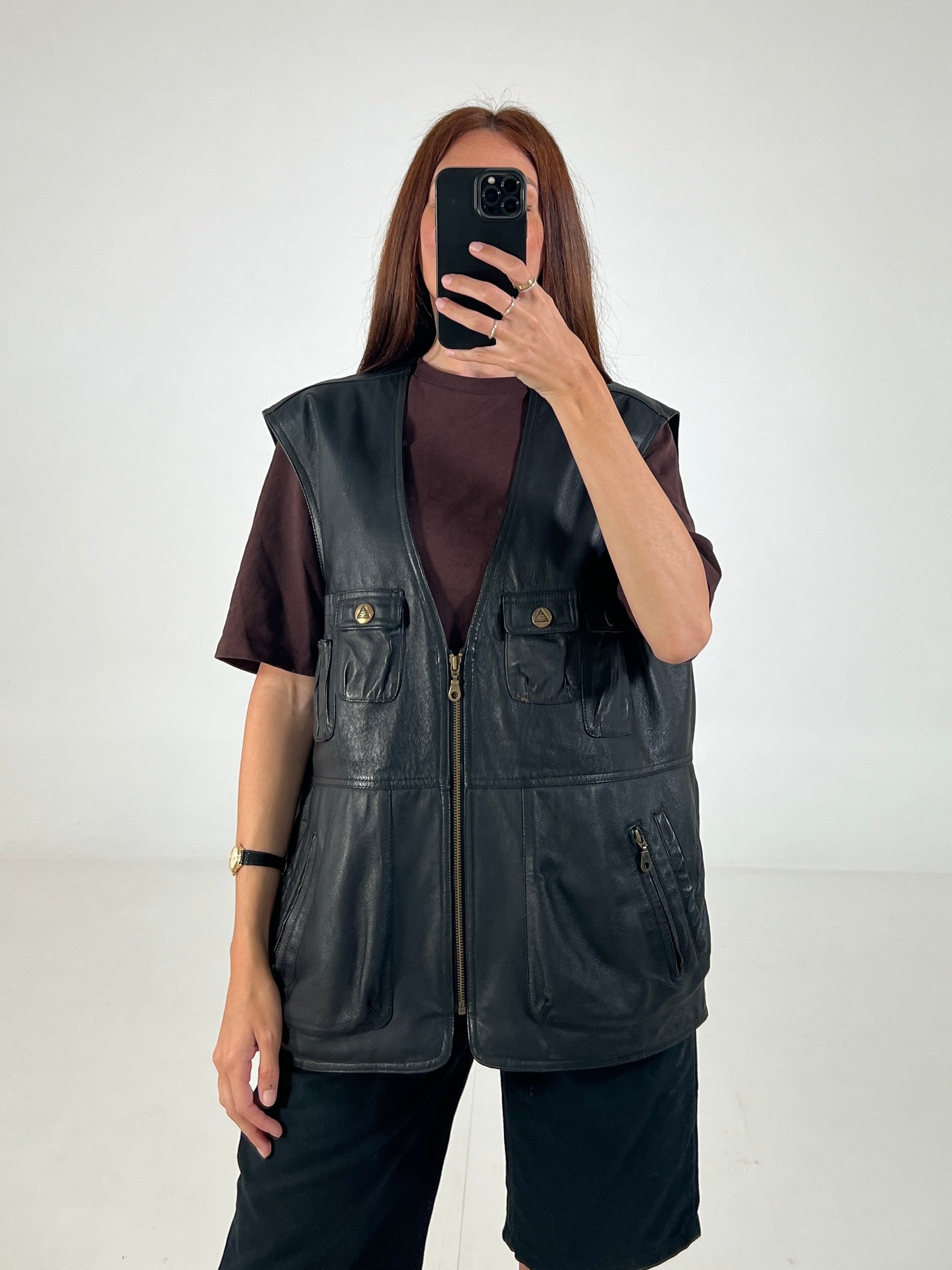 Gilet vintage in pelle nero tg XL