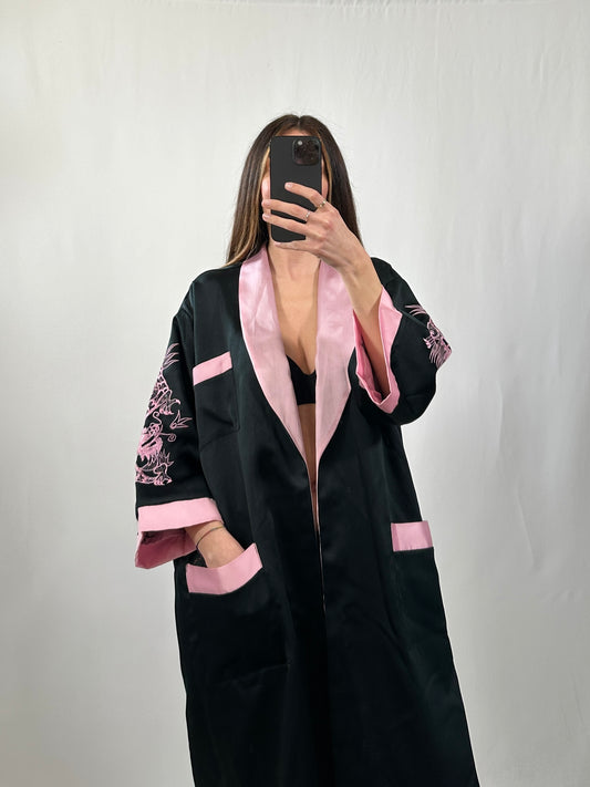 Kimono orientale vintage double face rosa/nero tg L