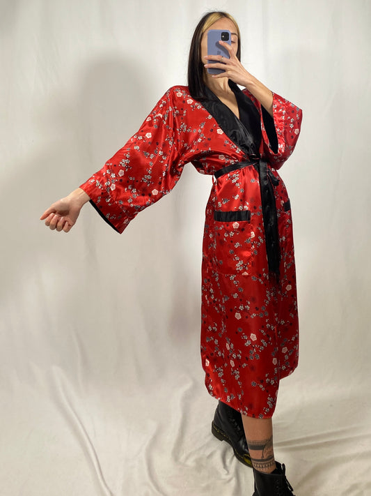 Kimono orientale vintage rosso dettagli floreali tg M